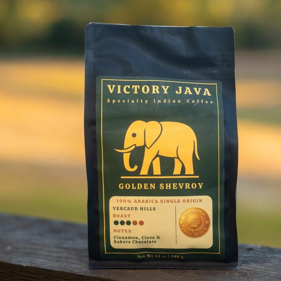 Golden Shevroy Single-Origin Whole Bean Coffee, Indian, Medium-Dark Roast, 12 oz Bag, 100% Arabica, Specialty-Grade
