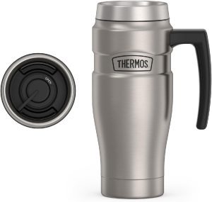 THERMOS Stainless King Vacuum-Insulated Travel Mug with Handle – 16oz, Matte Steel – Thermos Tumbler for Hot & Cold Drinks – Leak-Proof & Sweat-Proof Stainless Steel Coffee Mug with Lid for Commuting