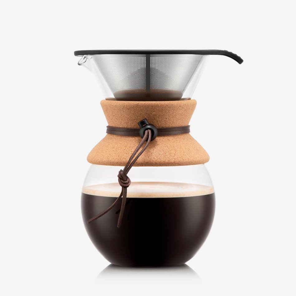 Bodum 34oz Pour Over Coffee Maker, High-Heat Borosilicate Glass with Reusable Stainless Steel Filter and Cork Grip – Made in Portugal