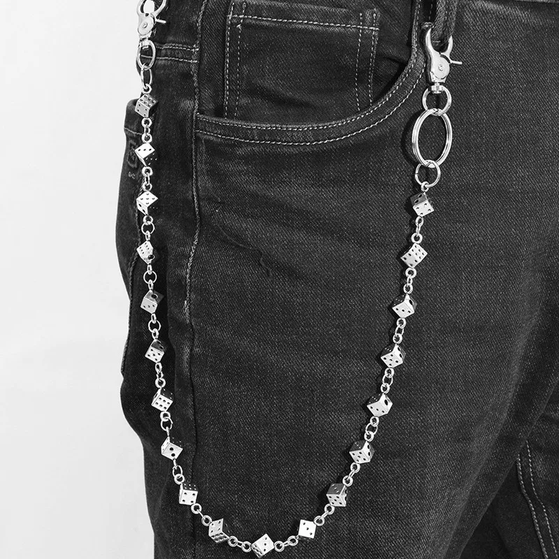 61CM Retro Dice Skull Pants Chain Man Ma'am One's Waist Silver Plated Metal Luxurious Ghost Head Accessories y2k Key Chain