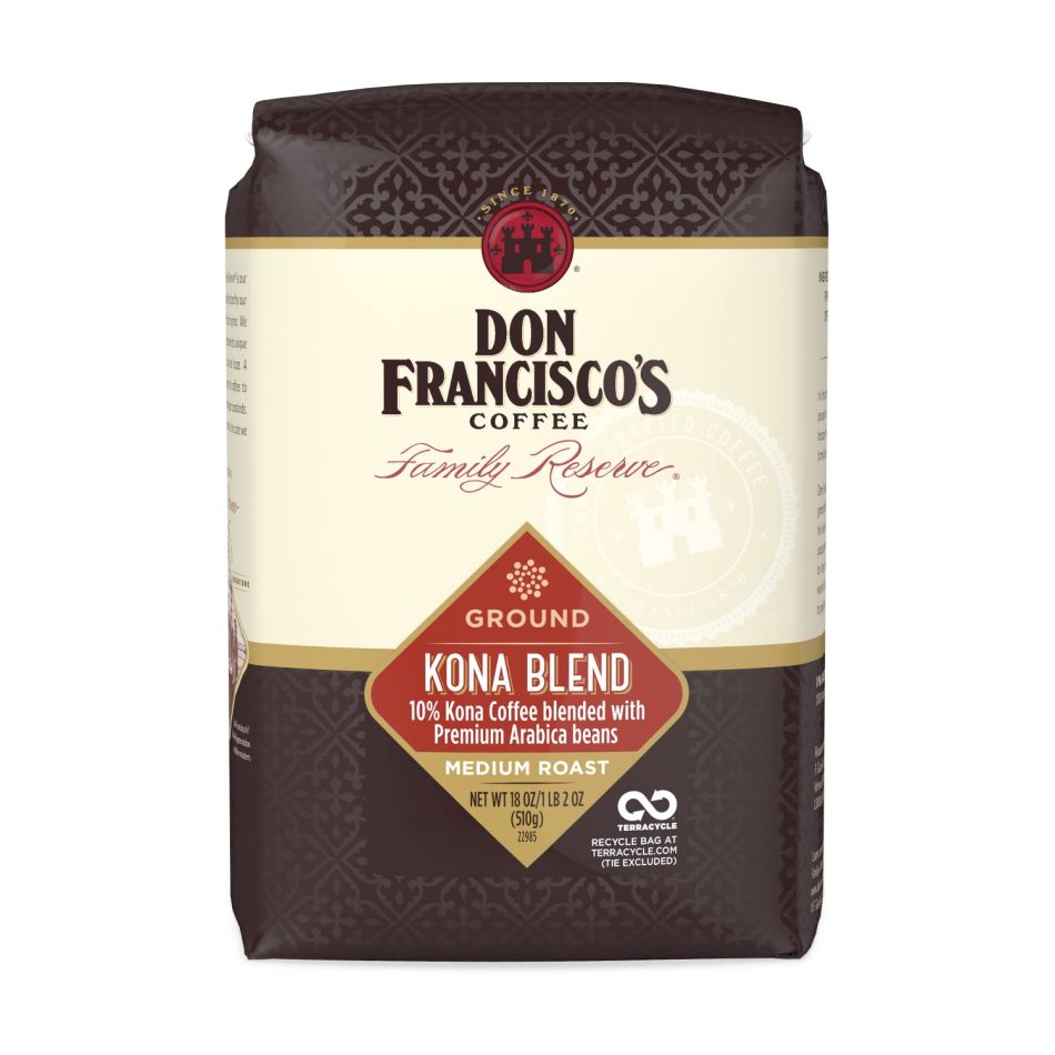 Don Francisco’s Kona Blend Ground Coffee, Medium Roast – 100% Arabica Coffee, 18 oz Bag