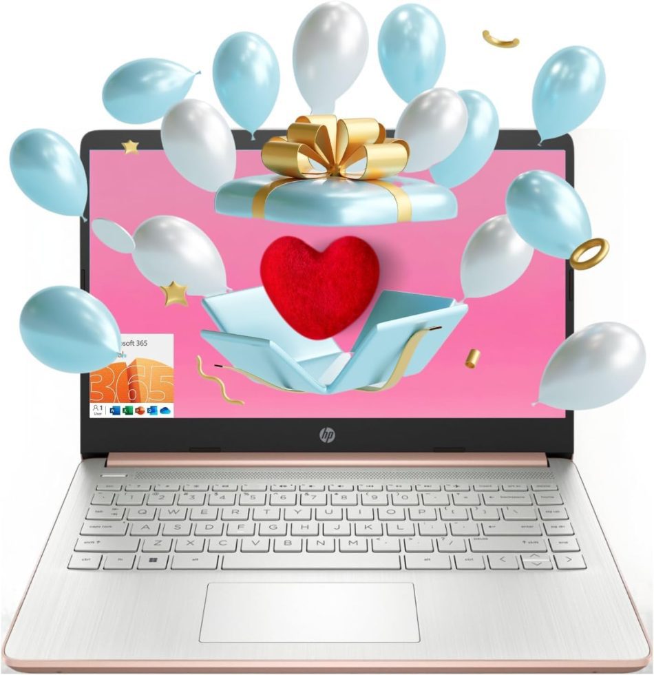 HP Essential Laptop, 14″ HD Display, Intel Celeron N4120, 16GB RAM, 64GB eMMC, Webcam, HDMI, Wi-Fi, RJ-45, 1 Year Office 365, Windows 11 Home, Rose Gold