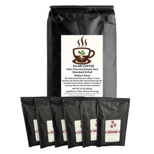 Flavored Coffee Sample Pack – 6 Medium Roast Coffees (French Vanilla, Hazelnut, Cinnabun, Caramel, Mocha, Cinnamon Hazelnut), 6 x 2 oz (12 oz Total) – Kilan Coffee