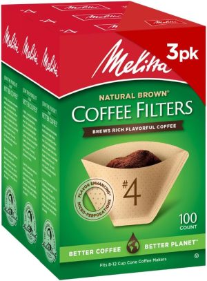Melitta #4 Cone Coffee Filters, Natural Brown, 100 Count (Pack Of 3), 300 Total Filters – Fits all 8-12 Cup Cone Coffee Makers and Pour-Overs, Compostable, Tear-Resistant, Made in USA