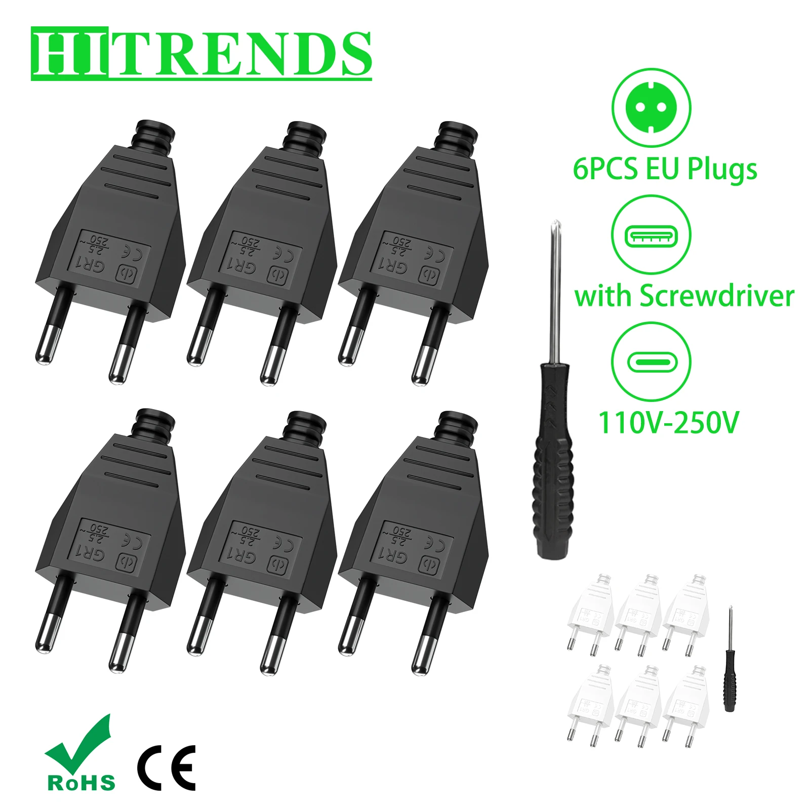 6/8PCS EU Electrical Plug Adapter Replacement Rewireable Outlets, European 2 Pin Male Plug Power Socket Extension Cord Connector