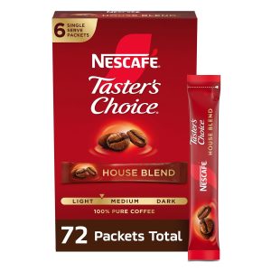 NESCAFÉ Taster’s Choice, Instant Coffee Packets, Light Medium Roast Coffee, House Blend, 12 Boxes (72 Packets)