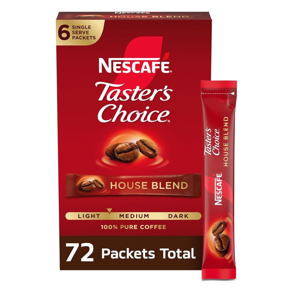 NESCAFÉ Taster’s Choice, Instant Coffee Packets, Light Medium Roast Coffee, House Blend, 12 Boxes (72 Packets)