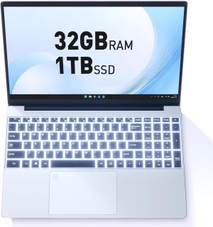 Business Laptop Computer for Work, Notebook PC for College Students, 15.6″ FHD Display, 4-Core Processor, Backlit Keyboard, Fingerprint Sensor, Up to 10TB Storage, 32GB RAM, 1TB SSD, Silver