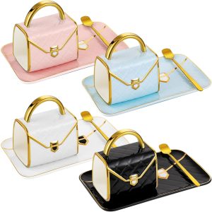 Sliner Handbag Coffee Mug Set- 4 Sets Handbag Coffee Mug with Saucer Spoon 10 Oz/ 310 ml – Cute Ceramic Creative Tea Cup for Women Girls Valentines Gift(Classic)