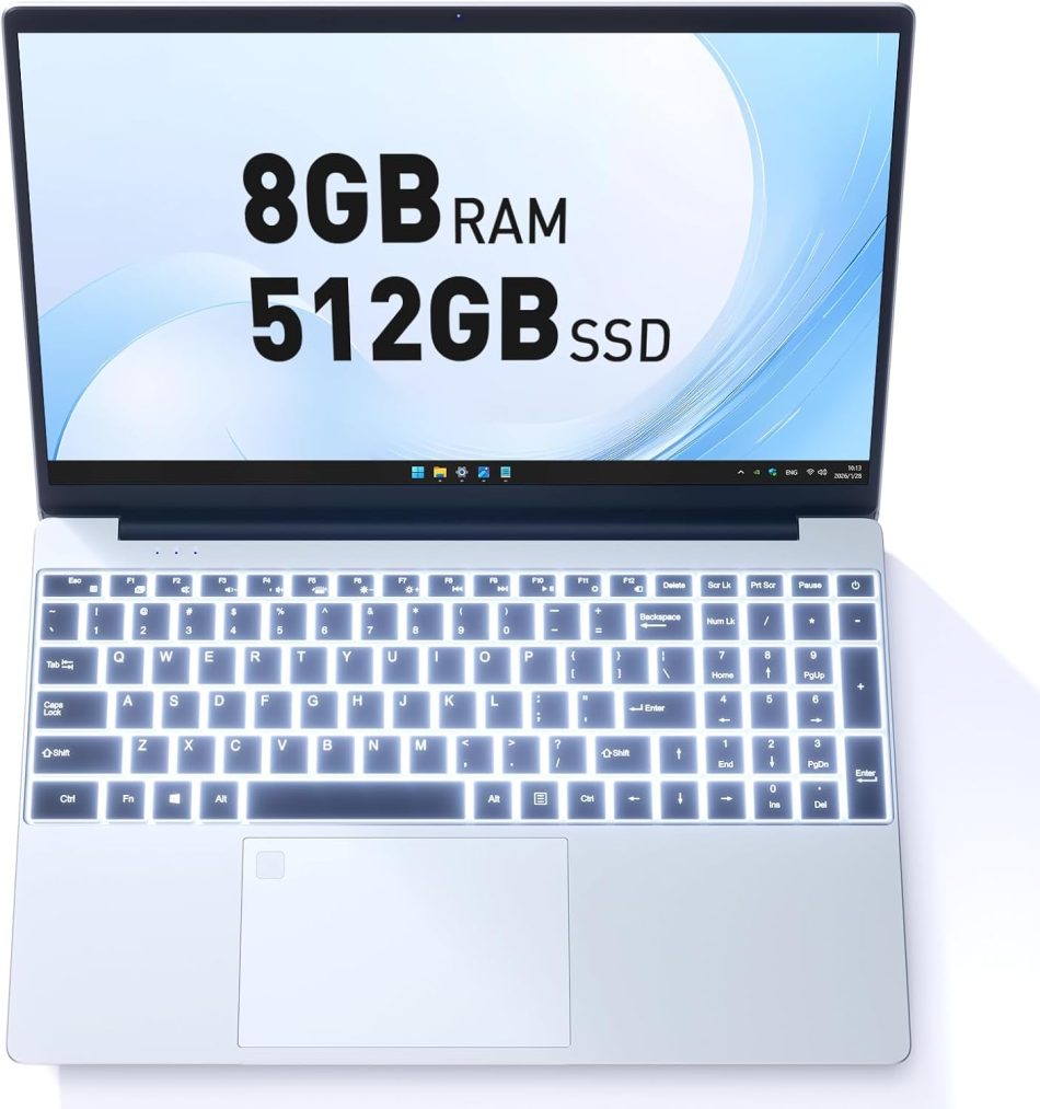 Business Laptop Computer for Work, Notebook PC for College Students, 15.6″ FHD Display, 4-Core Processor, Backlit Keyboard, Fingerprint Sensor, Up to 10TB Storage, 8GB RAM, 512GB SSD, Silver