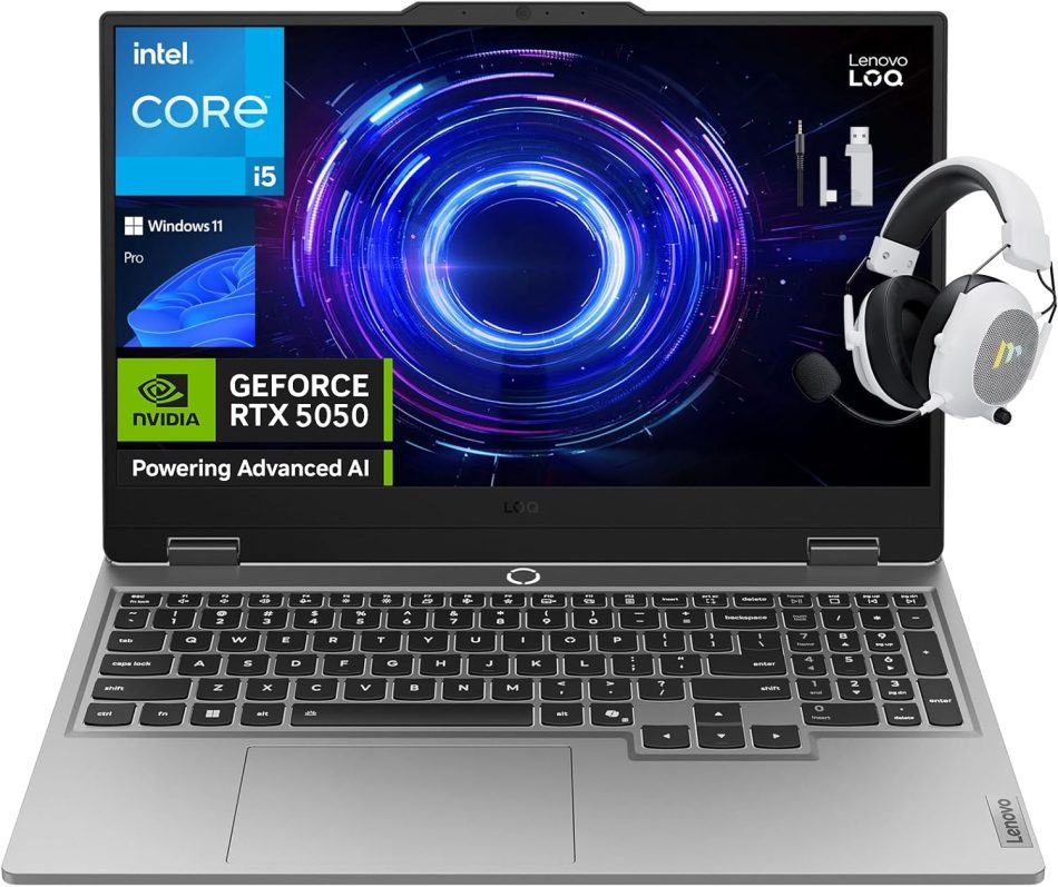 Lenovo LOQ Gaming Laptop, 15.6″ FHD 144Hz Display, Intel Core i5-13450HX, NVIDIA GeForce RTX 5050, 16GB DDR5 RAM, 512GB SSD, Wi-Fi 6, Backlit Keyboard, Windows 11 Pro, Luna Grey, w/Mytrix Accessory