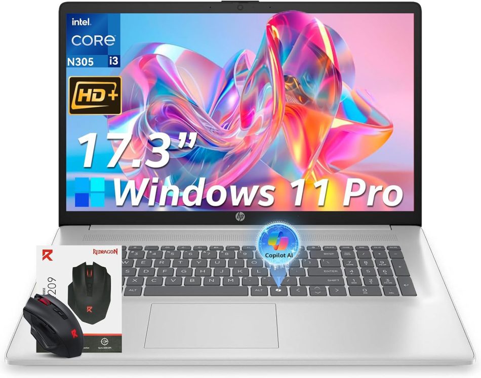 HP 2026 17 inch laptops, 16GB RAM 512GB SSD Windows 11 Pro, Intel Core i3-N305, 17.3″ HD+, Up to 9.5 Hours Battery Life–Business Laptop for Work & Students, AI Copilot, Type-c, Patented KB Kit
