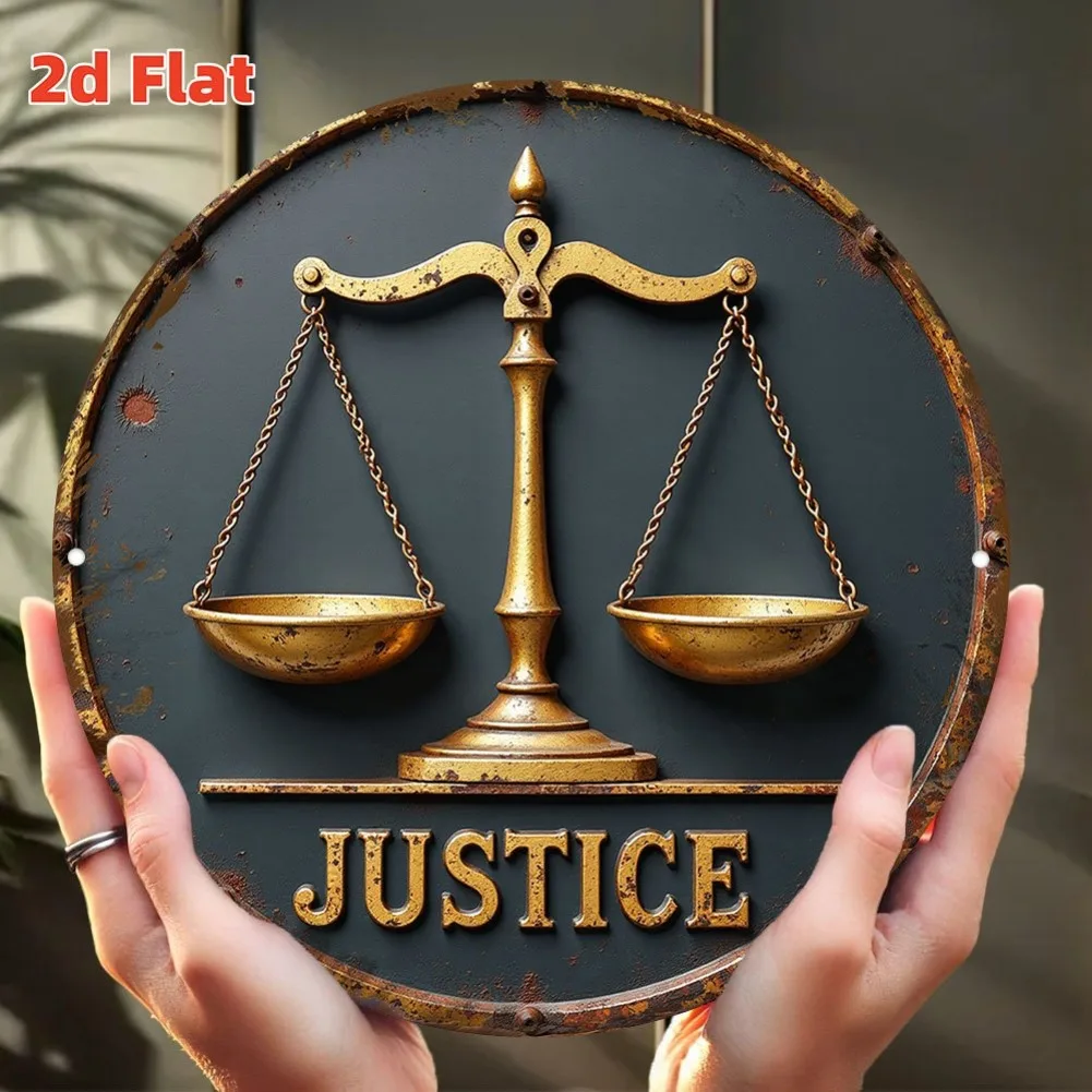 7.79x7.79" 2D Flat Vintage Justice Scales Metal Wall Art - Rustic Aluminum Sign with Golden Scales & Sword, Decor for Home