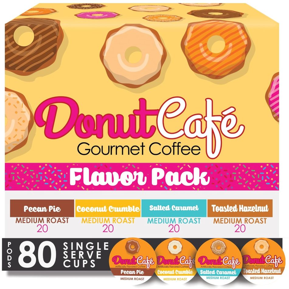 Donut Café – Gourmet Coffee Medium Roast Flavored Variety Pack – Pecan Pie, Coconut Crumble, Salted Caramel, Toasted Hazelnut – Single Serve Coffee Pods for Keurig K Cup Brewers – 80 Count