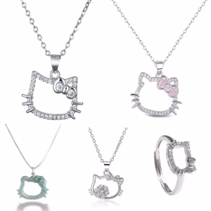 Fashion Cartoon Kitty Cat Necklace Rhinestone Decoration Sweet Girl Student Best Friend Collar Chain Sweater Chain Jewelry