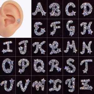 1PC Surgical Steel 26 English Letter of the Alphabet Zircon Lobe Stud Ear Cartilage Helix Earrings Woman Fashion Cute Jewelry