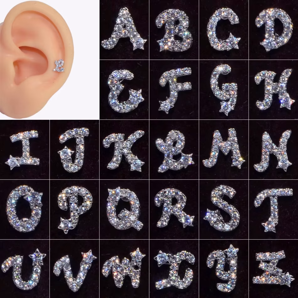 1PC Surgical Steel 26 English Letter of the Alphabet Zircon Lobe Stud Ear Cartilage Helix Earrings Woman Fashion Cute Jewelry