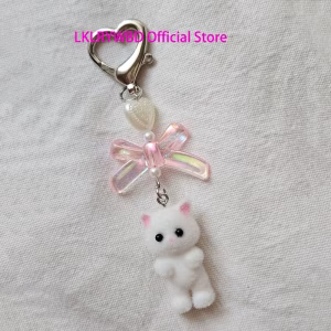 Cute Fuzzy Kitty Cat Heart Bow Keychain, Kitten, Kawaii, Pink Bow, Pearl Heart