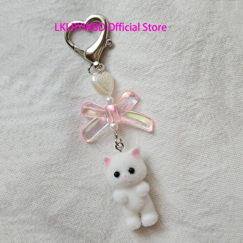 Cute Fuzzy Kitty Cat Heart Bow Keychain, Kitten, Kawaii, Pink Bow, Pearl Heart