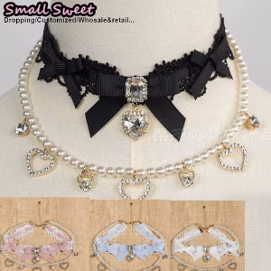 Handmade Choker Necklaces Double Pearl bow love jewelry gemstone sweet Cute Kawaii Collar Lolita Collarbone Chain Cecklace Women