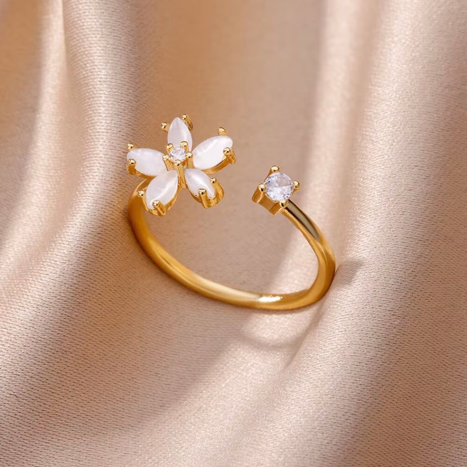 Exquisite Cubic Zircon Flower Rings for Women Men Gold Color Open Adjustable Stainless Steel Ring Wedding Couple Jewelry anillos