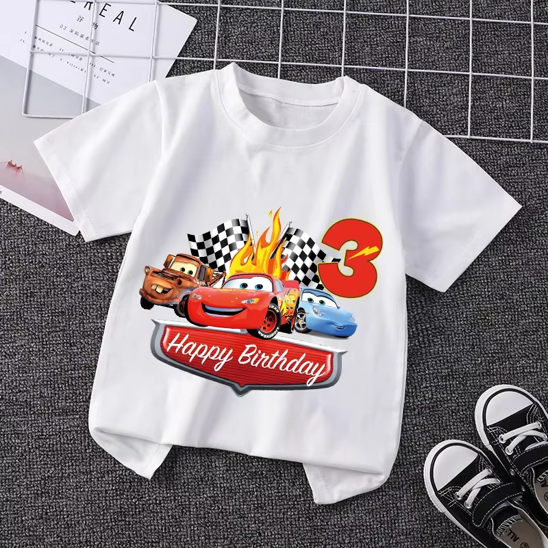 Best-selling Lightning McQueen Boys Children Birthday Numbers 1-9 Car Soft T-shirts Children’s Party Outfits 100% Cotton Summer