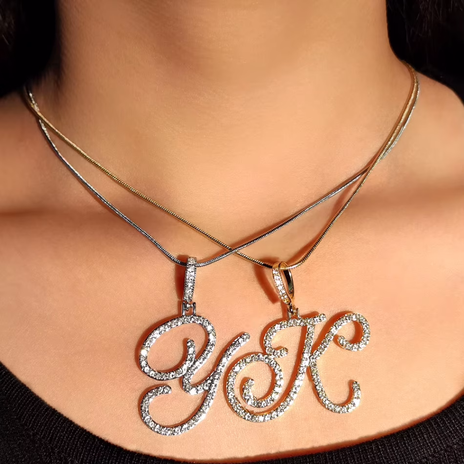 Hot A-Z Initial Cursive Letters Pendant Necklace For Women Gold Silver Color Shiny Rhinestone Metal Chain Necklace Jewelry Gift