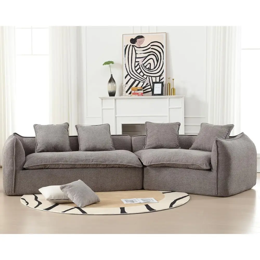 Curved Boucle Sofa Cloud Sectional with Deep Seats and 4 Pillows - Grey Living Room Furniture