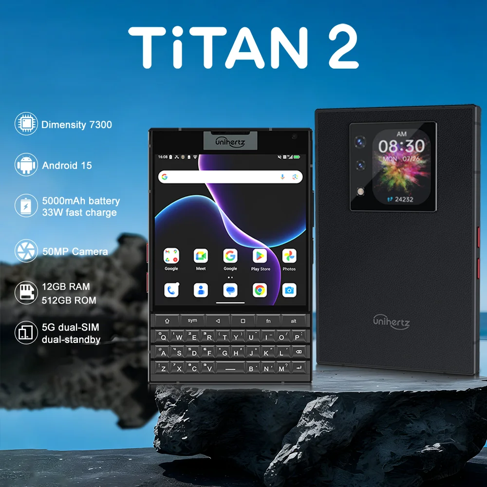 Unihertz Titan 2 Smartphone 5G Android 15 with Physical Keyboard Dual Screen 12GB 512GB Dimensity 7300 Dual SIM 50MP Camera