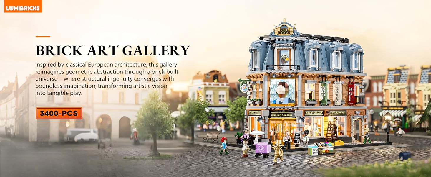 Text reads 'BRICK ART GALLERY'. Architectural illustration showing colorful multi-story buildings in an urban setting with trees and pedestrians.