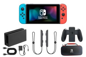 Nintendo Switch Console Bundle – Neon Blue & Red Joy-Cons, Dock, Controller Grip, Carrying Case, Cables & Accessories (Renewed)