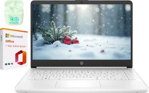 HP 14″ Business Laptop Computer with Microsoft Office 365, Intel Quad-Core Processor, 1.1TB Storage (1TB OneDrive+64GB eMMC), 4GB RAM, Windows 11 Laptop, PLUSERA Earphones, White