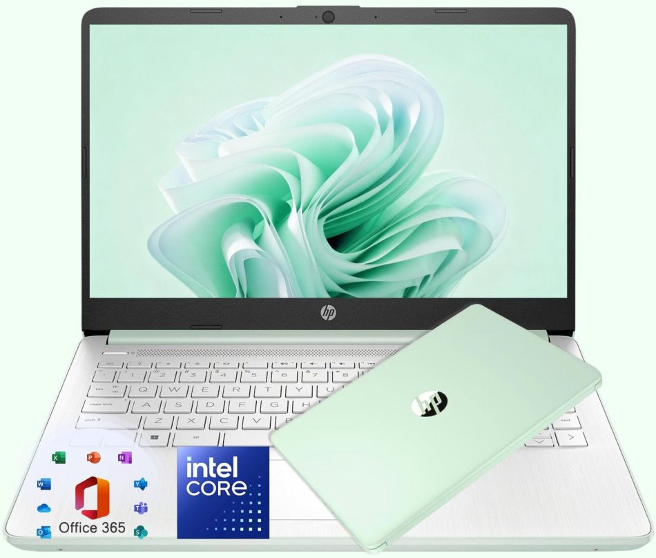 HP 14″ Willow Green Lightweight Laptop, Intel 4-Core Processor, 4GB RAM Memory, 1.6TB Storage (128GB SSD + 512GB Portable + 1TB OneDrive), w/WOWPC Bundle，Microsoft 365 Web Apps