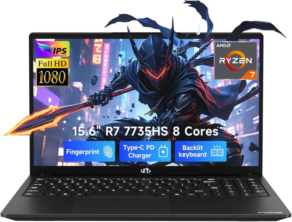 NIMO 15.6″ Laptop, AMD Ryzen 7 7735HS (Up to 4.75GHz), 32GB DDR5 RAM, 1TB PCIe 4.0 SSD, Windows 11 Home, 1080P FHD, Backlit KB, 100W PD Fast Charge, 5 x Full-Function USB-C (Data/Display/Charge)