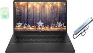 HP 17.3″ Business Laptop Computer, 16GB RAM 256GB SSD, 10-Core Intel Core i5 Processor, Intel Xe Graphics, Copilot AI, Windows 11, Numeric Keypad, PLUSERA Earphones & 8-in-1 Hub Included, Jet Black