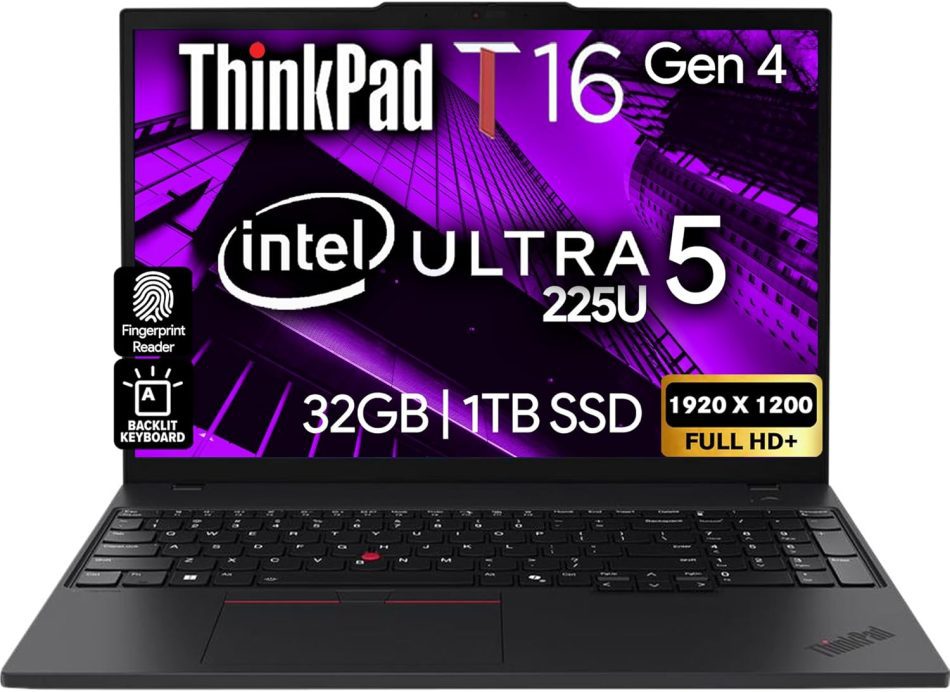 Lenovo ThinkPad T16 Gen 4 Business Laptop 16” FHD+ Display, Intel Ultra 5-225U (Beats i7-1355U), 32GB DDR5 RAM, 1TB SSD, 5MB Webcam, Fingerprint, Backlit KB, WiFi 6E, RJ-45, Win 11 Pro