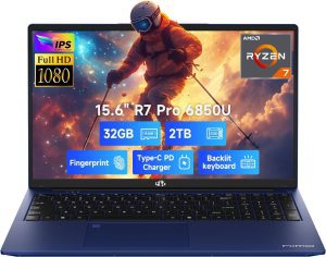 NIMO 15.6″ Light-Gaming-Laptop, 8 Cores AMD Ryzen 7 Pro 6850U 32GB LPDDR5 RAM 2TB SSD (Beat i7-1360P Up to 4.7GHz) AMD Radeon 680M GPU IPS FHD Computer with 100W Type-C Backlit Keyboard Fingerprint
