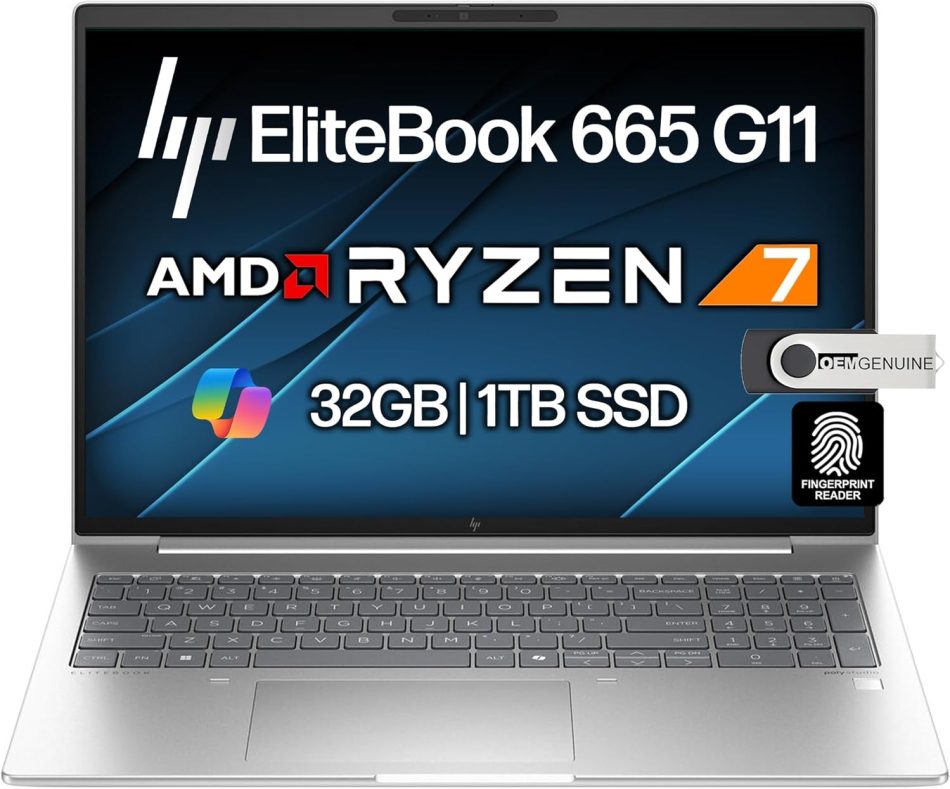 HP EliteBook 665 G11 Business Laptop 16″ FHD+ Display, AMD Ryzen 7 7735U (Beats Ultra 7 255U), 32GB DDR5 RAM, 1TB SSD PCIe, Backlit Keyboard, Fingerprint, Wi-Fi 6E + BT, RJ-45, HD Webcam, Win 11 Pro