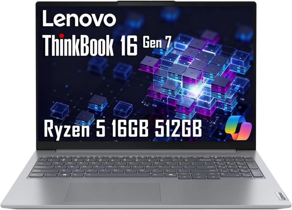 Lenovo ThinkBook 16 Gen 7 Business Laptop (16″ FHD+ Anti-Glare, AMD Ryzen 5 7533HS (> i7-1255U), 16GB DDR5 RAM, 512GB SSD), Fingerprint Reader, Webcam, Ethernet, Wi-Fi 6, Win 11 Pro w/ Copilot, Grey