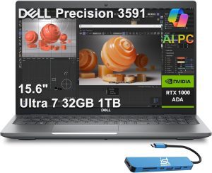 Dell Precision 3591 Mobile Workstation AI PC Laptop (15.6″ FHD, Intel 16-Core Ultra 7 165H, 32GB DDR5, 1TB SSD, NVIDIA RTX 1000 Ada 6GB) for Business, Engineer, Thunderbolt 4, IST HUB, Win 11 Pro