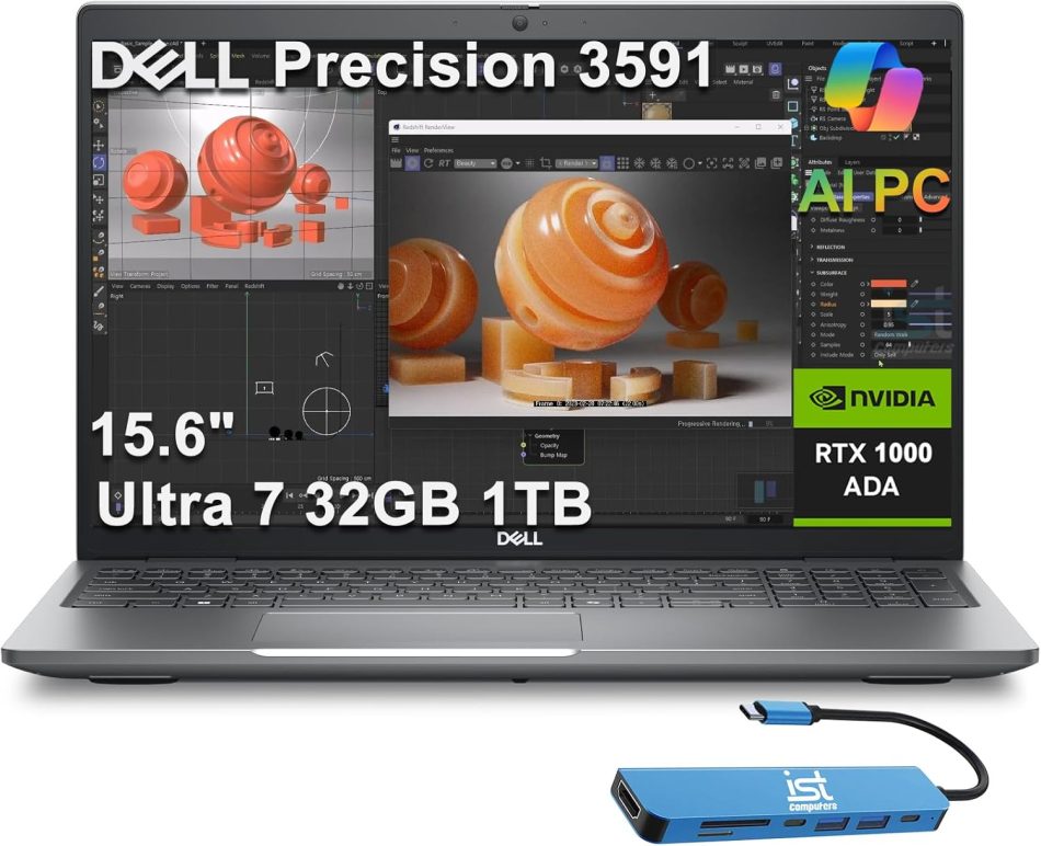 Dell Precision 3591 Mobile Workstation AI PC Laptop (15.6″ FHD, Intel 16-Core Ultra 7 165H, 32GB DDR5, 1TB SSD, NVIDIA RTX 1000 Ada 6GB) for Business, Engineer, Thunderbolt 4, IST HUB, Win 11 Pro