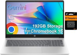 HP Chromebook 15 Laptop ( 15.6″ Anti-Glare, Intel N200, 8GB DDR5 RAM, 192GB Storage (64GB eMMC + 128GB SD), 4-Core(> i3-1115G4), Numeric KB) Home & Student, Webcam w/Shutter, Wi-Fi, Chrome OS, Silver