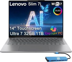 Lenovo Slim 7i Aura Edition AI Laptop (14″ FHD+ OLED Touchscreen, Intel Core Ultra 7 258V, 32GB DDR5, 1TB SSD) Copilot+ PC, Ultra-Thin, 17-Hr Battery Life, 5MP IR Webcam, IST hub, Wi-Fi 7, Win 11 Home