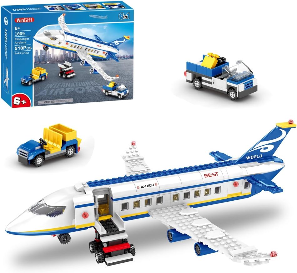 510 Pcs City Passenger Airplane Building Set, 6 IN1 Plane Building Blocks Toys, STEM Aircraft Bricks with Shuttle Bus, Baggage Truck,Airplanes Model Toys Gifts for Adults Boys Girls Age 6-12+