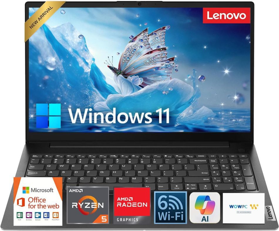 Lenovo 15.6″ FHD Laptop with Microsoft Office for Web • AMD Ryzen 5 7520U (Beat i7-1255U) • 16GB DDR5RAM • 512GB SSD • Privacy Shutter • 15H Battery • Dolby Audio • Copilot AI • Win 11 • WOWPC USB