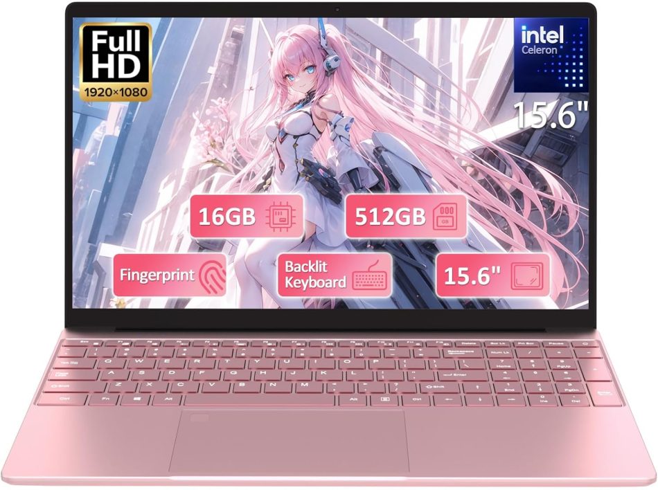 15.6″ FHD Student Laptop Pink,16GB DDR4 RAM 512GB PCIe SSD,Portable Laptop Computer with Backlit Keyboard,180 ° Angle Opening,Fingerprint Reader,6000mAh Battery,Webcam,WiFi 5,BT 4.2,HDMI,USB 3.0