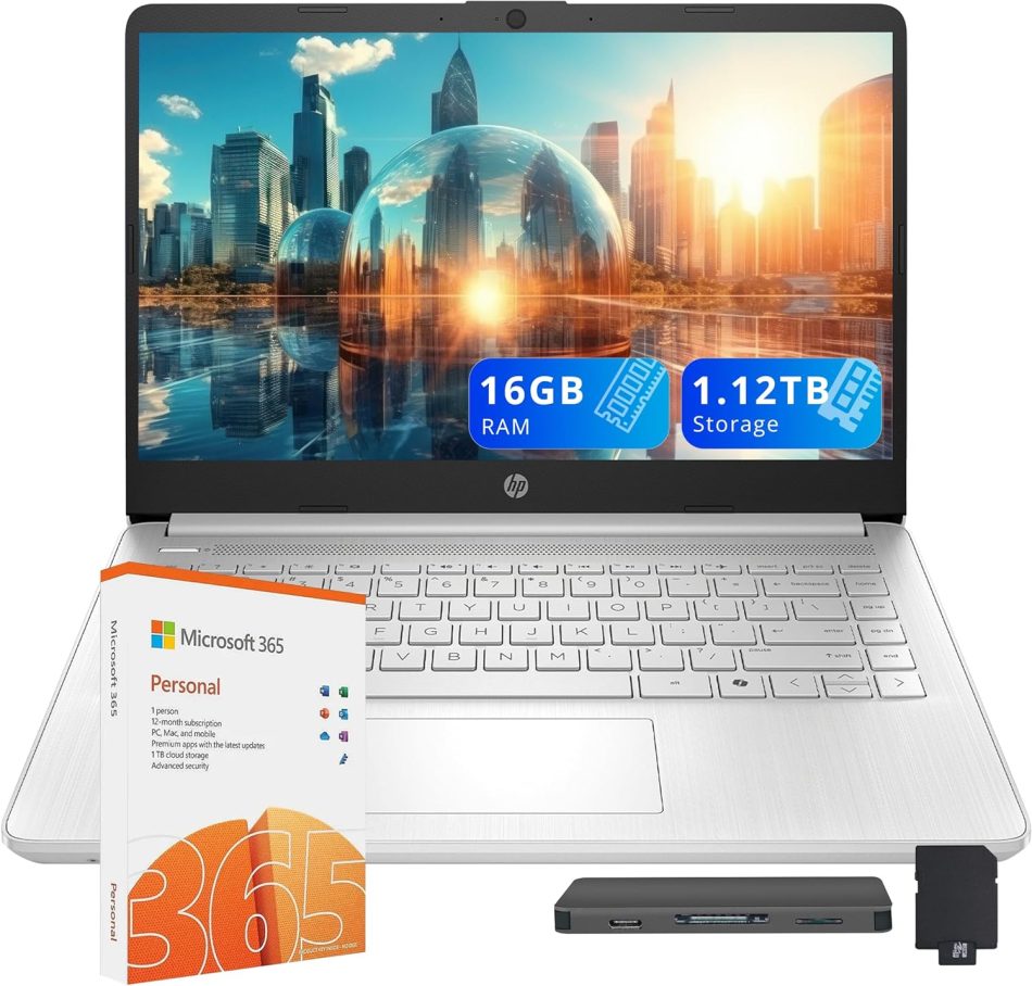 HP Stream 14″ HD Laptop, Intel Processor N150, 16GB RAM, 1.12TB Storage(128GB UFS+1TB Docking Station Set), Intel Graphics, Webcam, Wi-Fi 6, 1 Year Office 365, Copilot, Fast Charge, Win 11, Silver