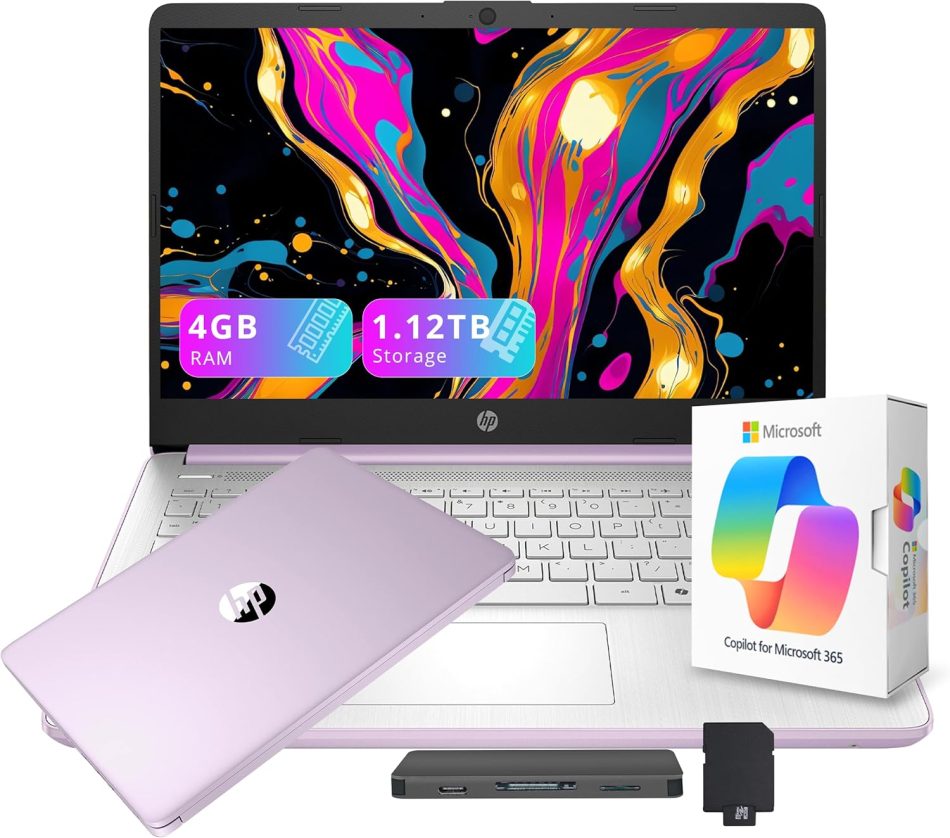 HP Stream 14″ HD Student&Business Laptop with AI Copilot, Intel Processor N150, 4GB RAM, 1.12TB Storage (128GB UFS + 1TB Docking Station), 1 Year Office 365, 720p Webcam, Win 11, Lavender Purple