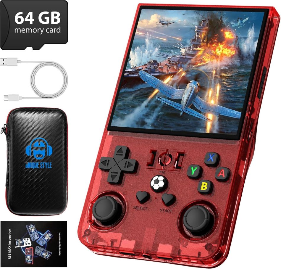 R36MAX Retro Handheld Game Console, 4.0 Inch 720×720 IPS Screen, 64GB Built-in 18,000+ Classic Game, Portable Hand Held Open Source Linux System, 4000mAh Battery Retro Gaming Console(Red 64GB)