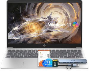 HP 15.6″ Laptop – Complete Productivity Solution, Windows 11 With Microsoft Office, Intel 4 Core N100, 8GB RAM, 1.6TB Storage (128GB UFS + 512GB SD Card+1TB OneDrive), Copilot AI, Lightweight – Silver